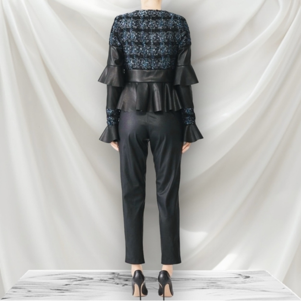Deborah Lyons Ohio Black Vegan Leather & Tweed Jacket Size 8 - Picture 2 of 8